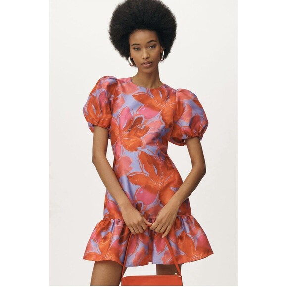 Anthropologie Hutch Puff-Sleeve Ruffled Shift Mini Dress Sz XL Pink Pattern - Picture 1 of 11